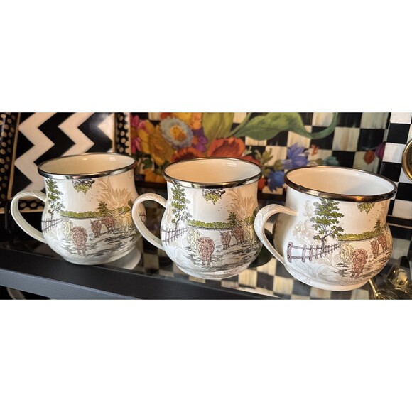Mackenzie Child3 Enamel Aurora Farm Fingelrlakes Courtly Check Coffee Mugs